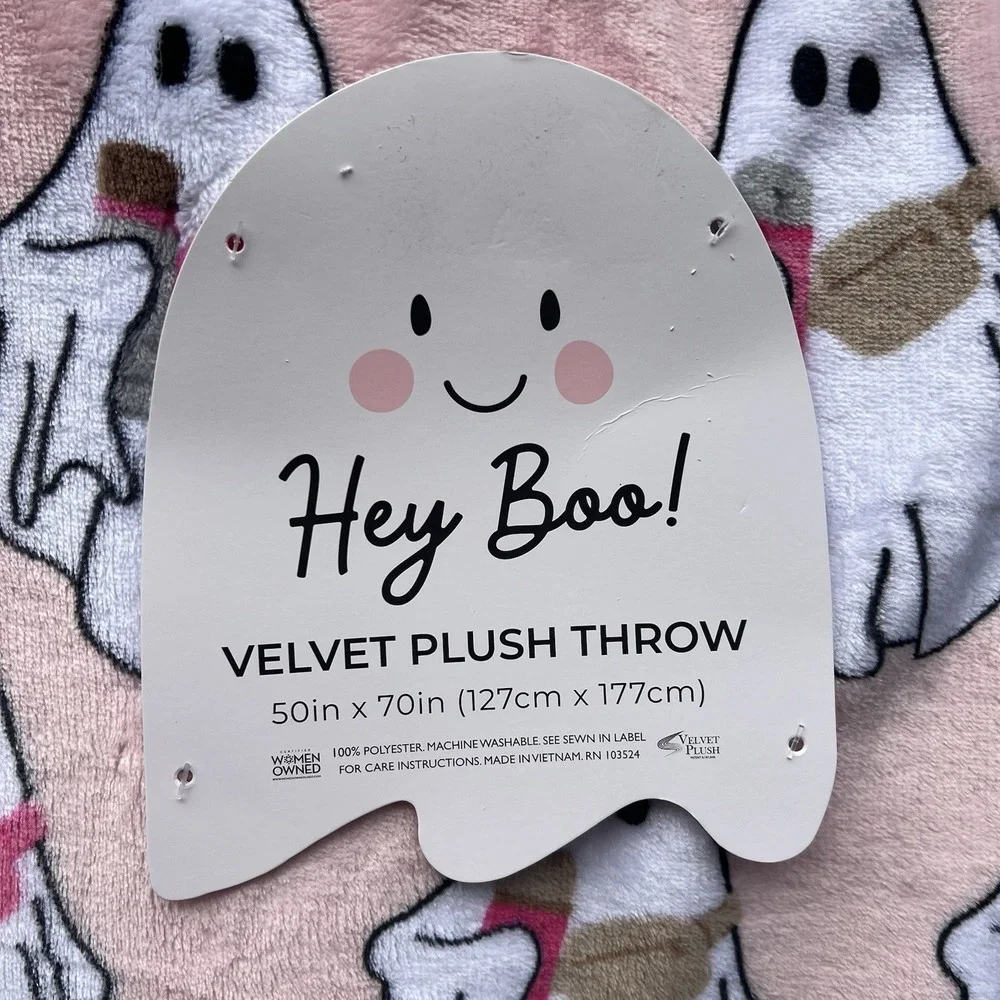 Hey Boo! Pink Halloween Girl Ghost Stanley Crossbody Velvet Plush Throw 50x 70